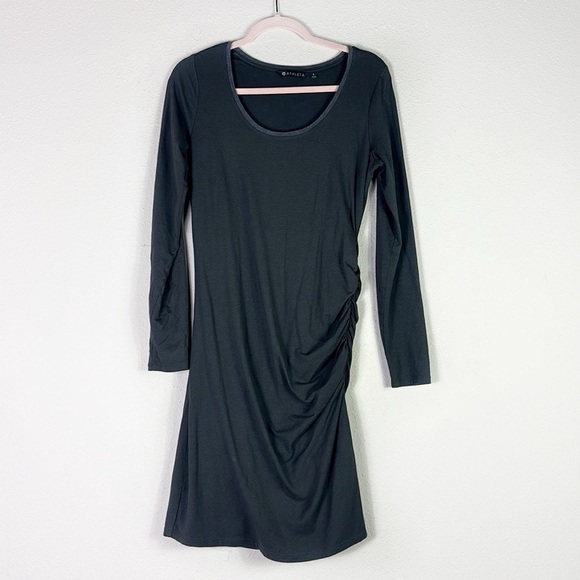 Athleta Dark Gray Ruched Long Sleeve Scoop Neck Bodycon Dress size Small - Picture 1 of 6